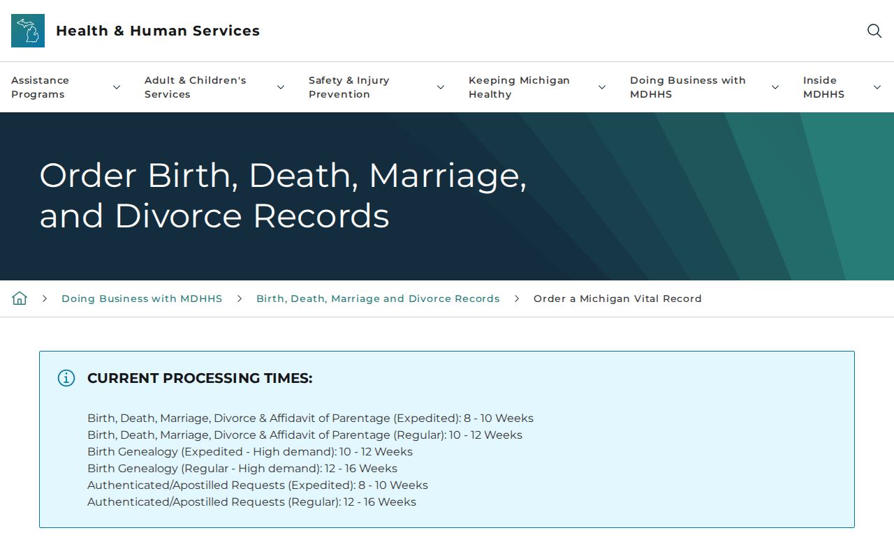 Sterling Heights residents directory Michigan vital records order page