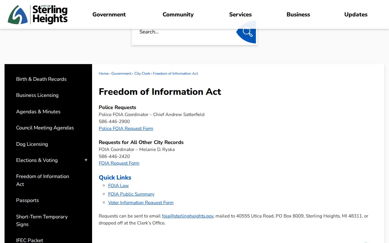 Sterling Heights residents directory FOIA request page